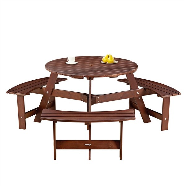 6 Person Outdoor Picnic Table with Bench，Round Pinic Table w/ 3 Bulitin Benches and Umbrella Hole，Outside Table and Bench Set