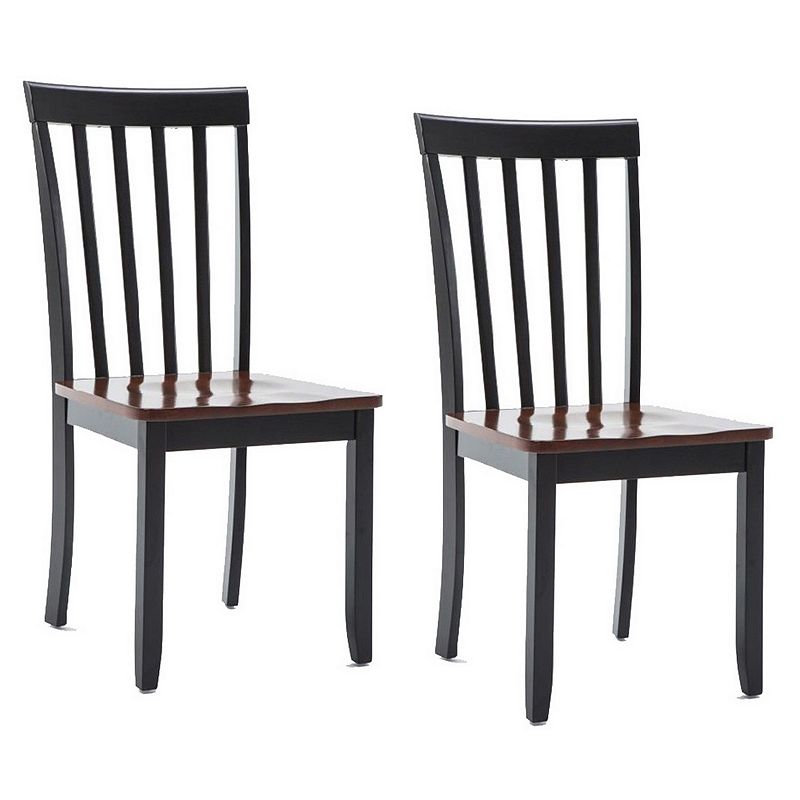 Wooden Seat Dining Chair with Slatted Backrest， Set of 2， Brown and Black