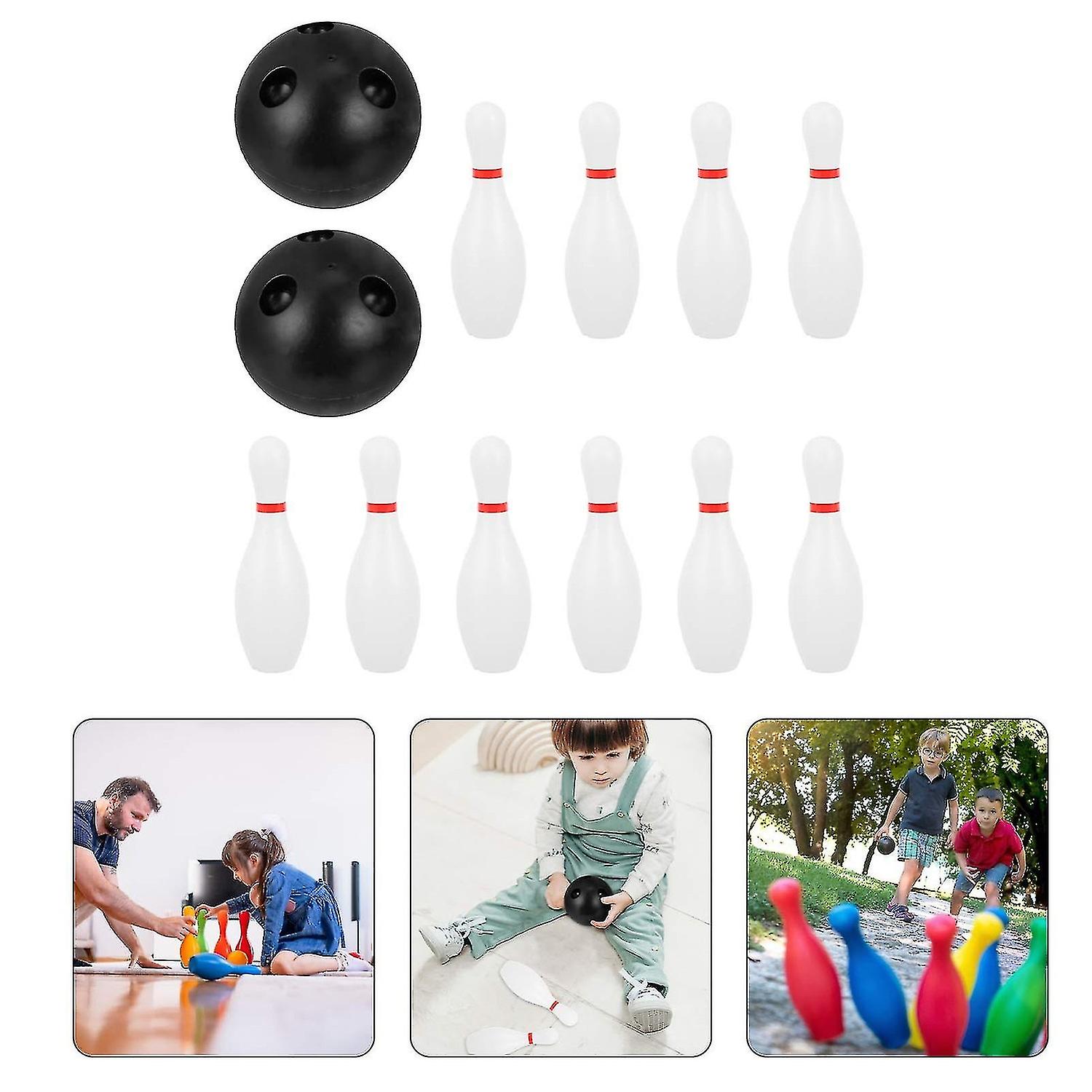 Kids Bowling Balls Toy Small Plastic Bowling Set Include 10 Classical White Pins+2 Black Balls Toddl