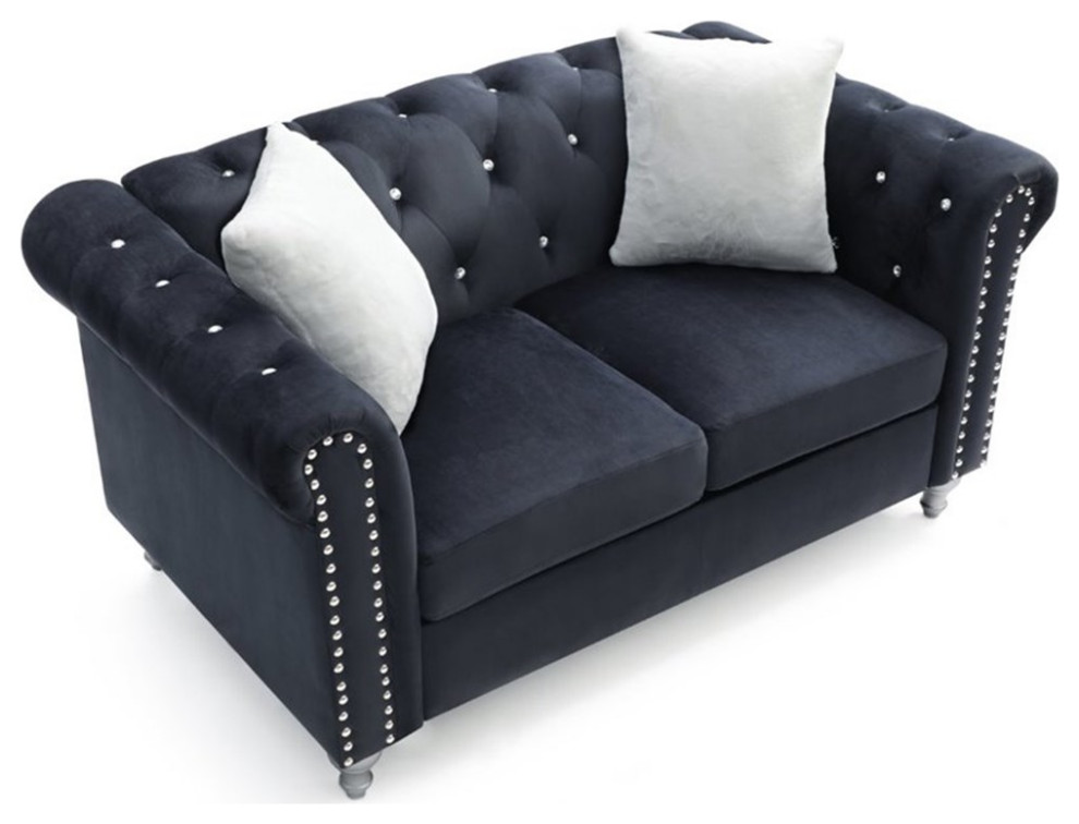 Maklaine 19 quotContemporary Soft Velvet Upholstered Loveseat in Black   Traditional   Loveseats   by Homesquare  Houzz