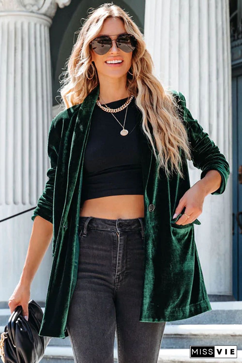 Green Casual Pocketed Velvet Blazer