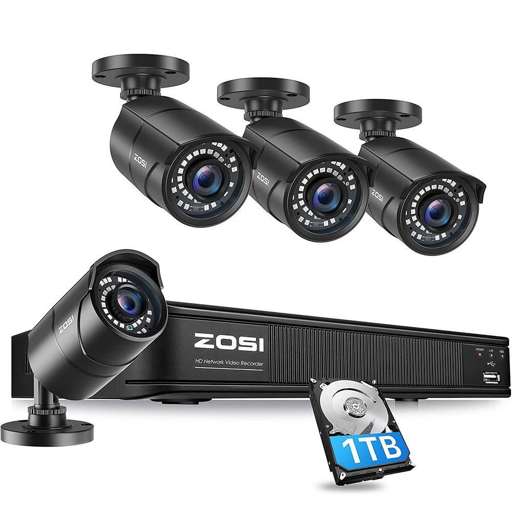 ZOSI 8-Channel 5MP POE 1TB NVR Security Camera System with 4 Wired Bullet Cameras Motion Detection Remote Access 8UM-2615B4S-10-US-A2