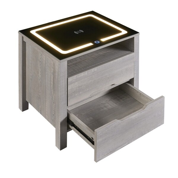 Nightstand with Wireless Charging Station and LED Lights， Modern End Side Table with 2 Drawers and Open Compartment for Bedroom - - 37244648