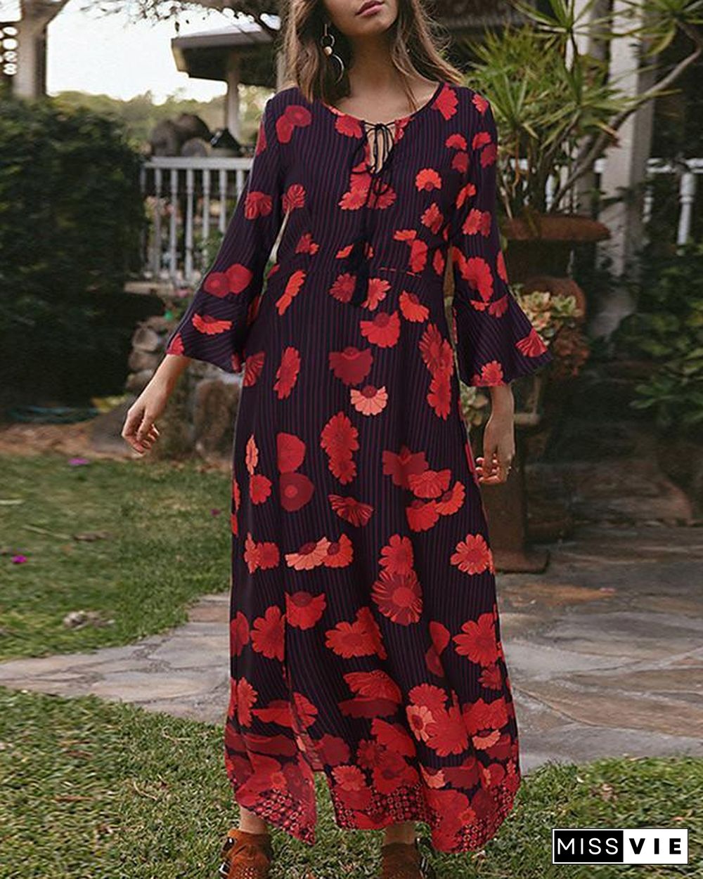 Women's T Shirt Dress Tee Dress Maxi long Dress - Long Sleeve Floral Split Patchwork Print Spring Fall Casual Red Orange S M L XL Black Dresses