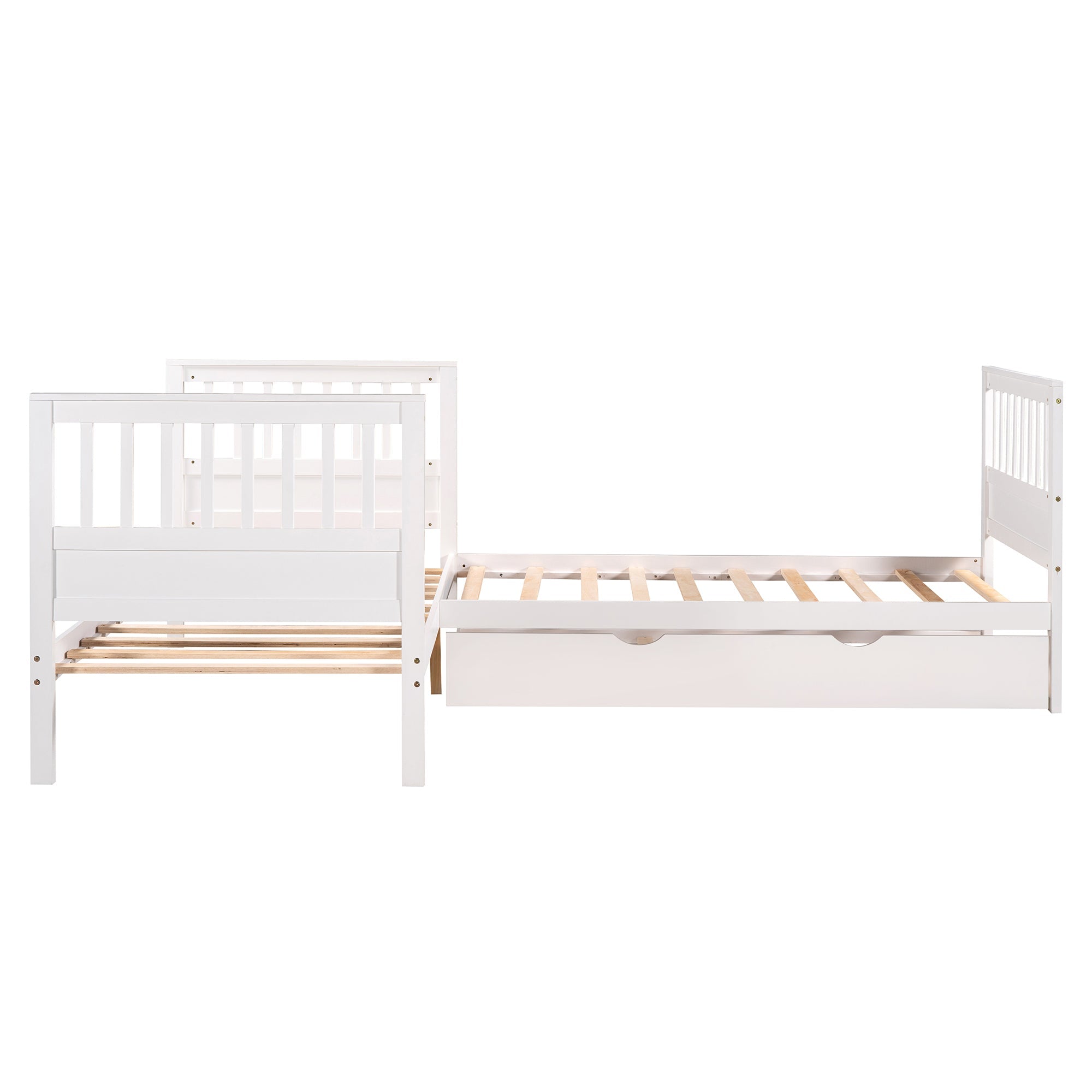 Wood Twin Size L-Shaped Platform Bed with Trundle for Kids Bedroom, White