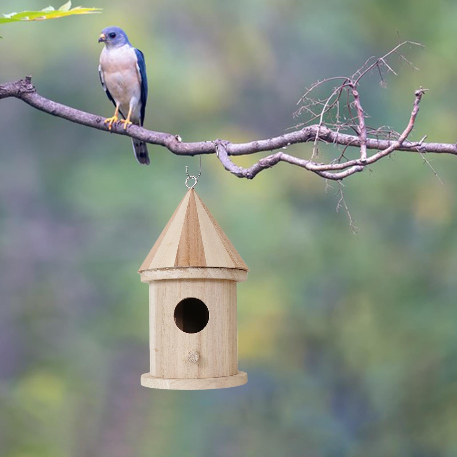 Unfinished Wooden Bird House with Pole DIY Decoration Outdoor Bird Feeder for Round Hole