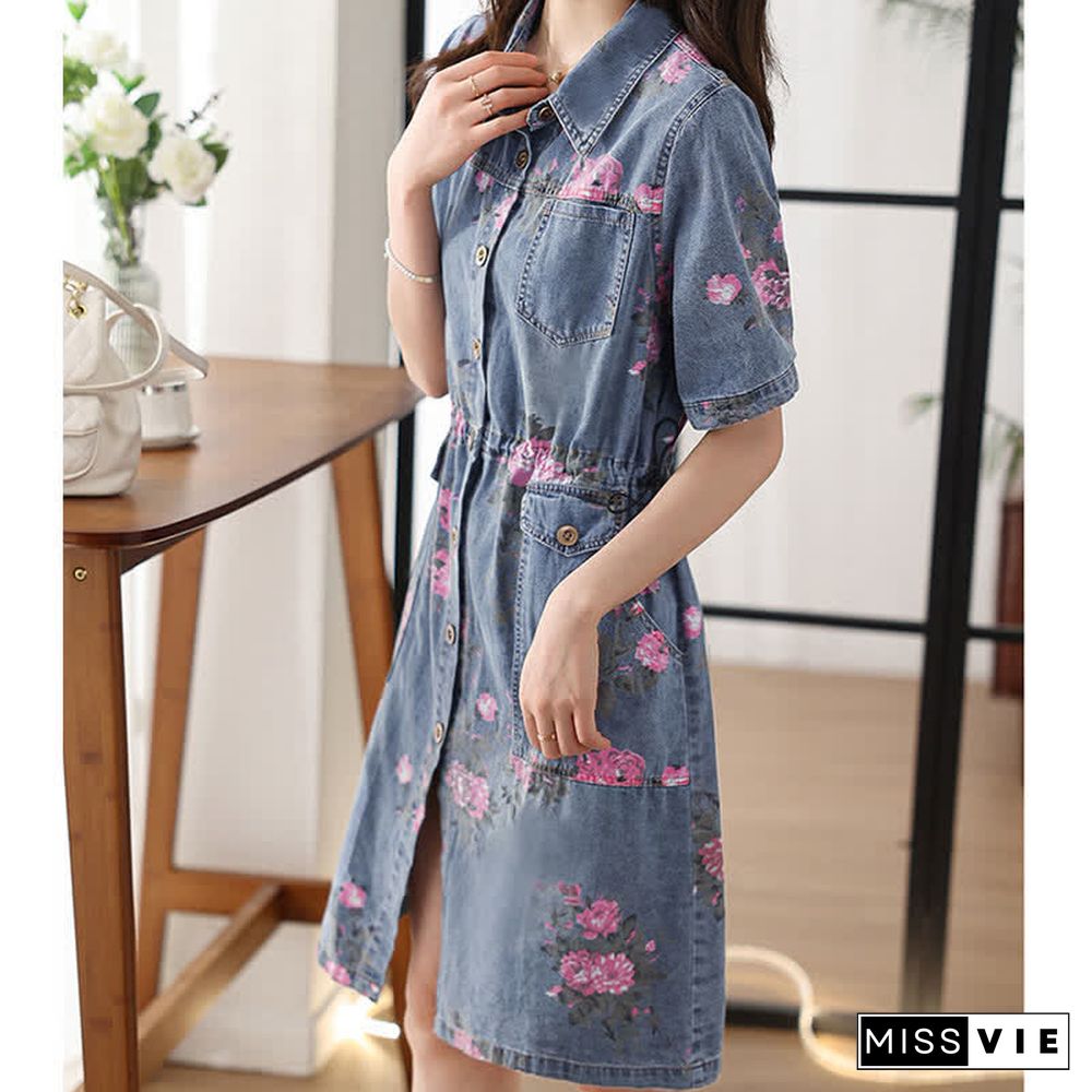 Floral Print Drawstring Lapel Denim Dress