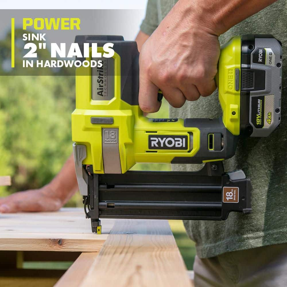 RYOBI ONE+ 18V 18-Gauge Cordless AirStrike Brad Nailer with 1.5 Ah Battery and Charger P321KN