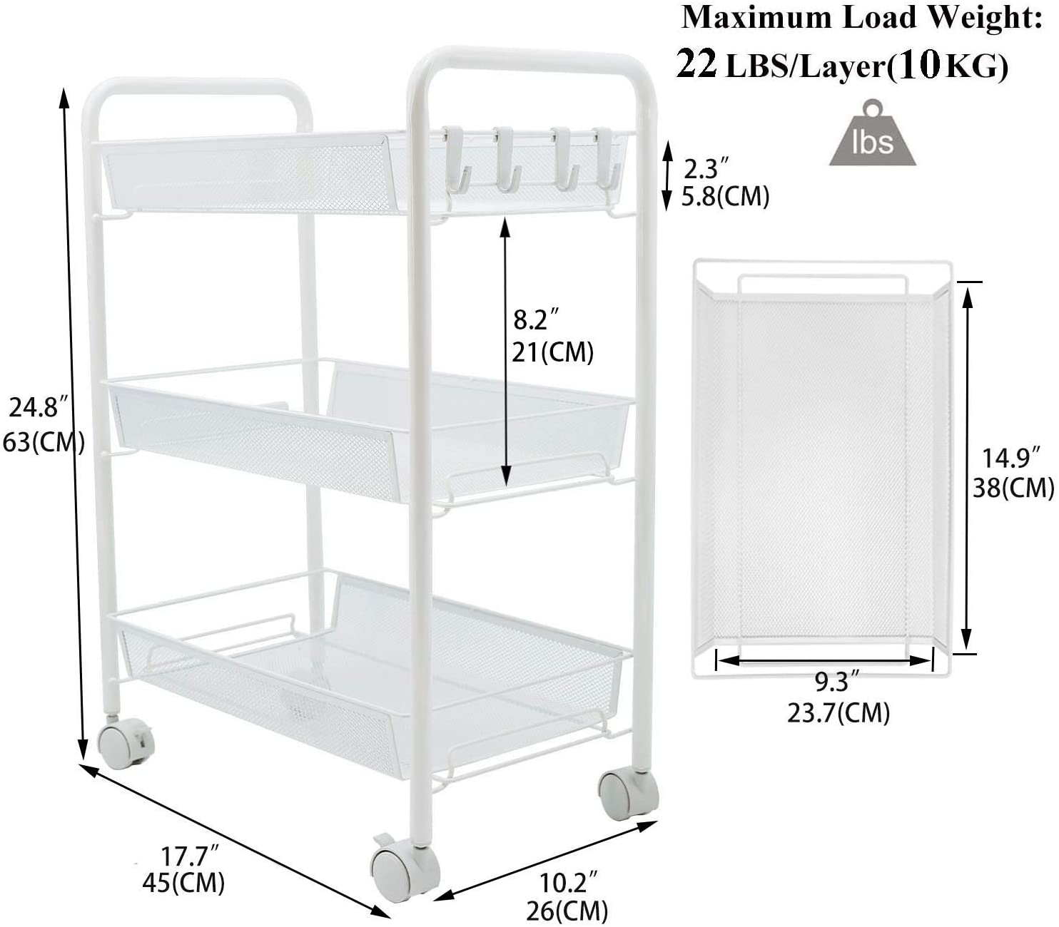 3 Tier Rolling Kitchen Storage Utility Cart on Wheels Multifunction Basket Stand Shelf for Bathroom Office， Full Metal Storage Art Trolley Craft Carts White