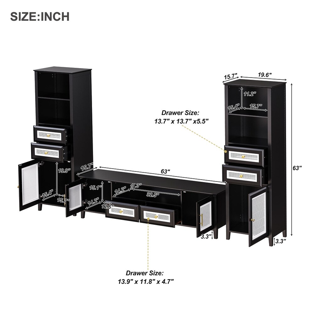 Boho Entertainment Center with TV Console and 2 Tall Cabinets Vintage TV Cabinet Set with Gold Metal Handles Rattan TV Stand Set