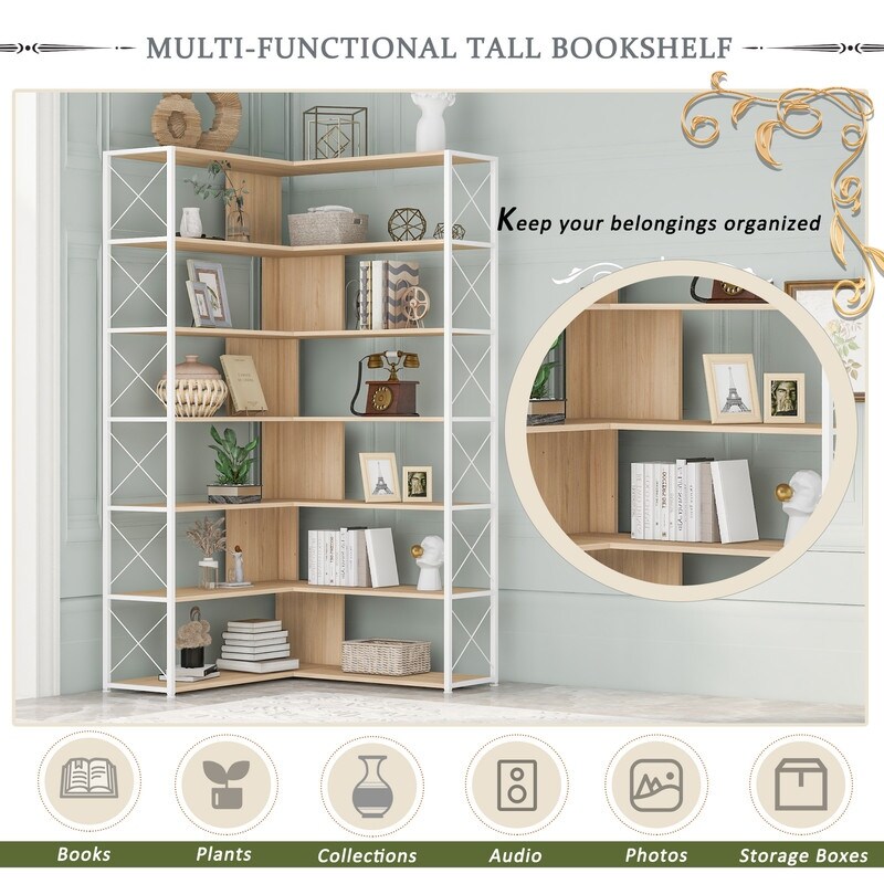 L Shaped 7 Tier Corner Bookshelf and Bookcase