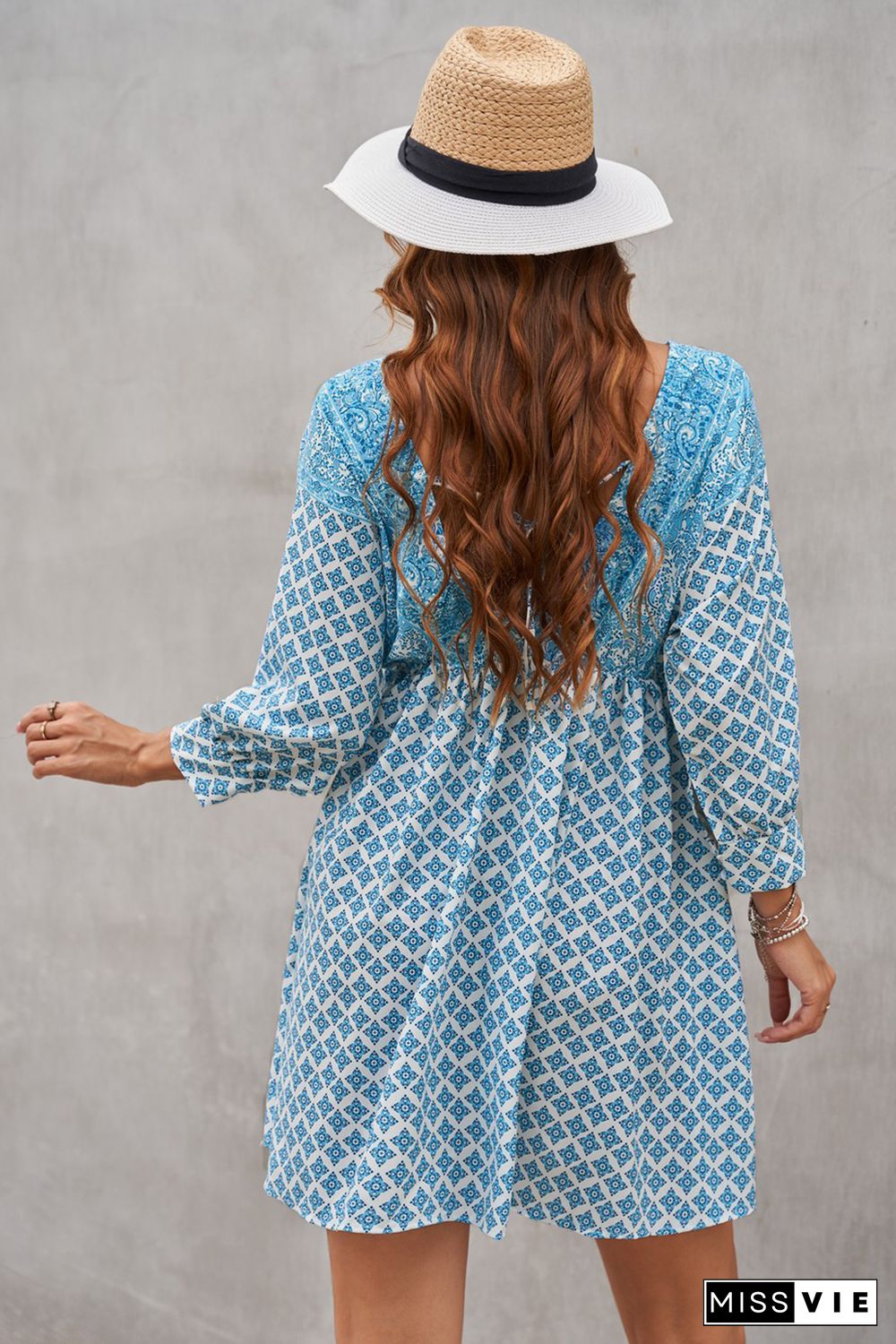 Sky Blue V Neck 3/4 Sleeve Bohemian Vintage Print Mini Dress