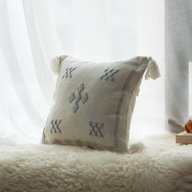 Throw Pillow Cover With Southwest Pattern And Corner Tassels With Filler Grey amp White