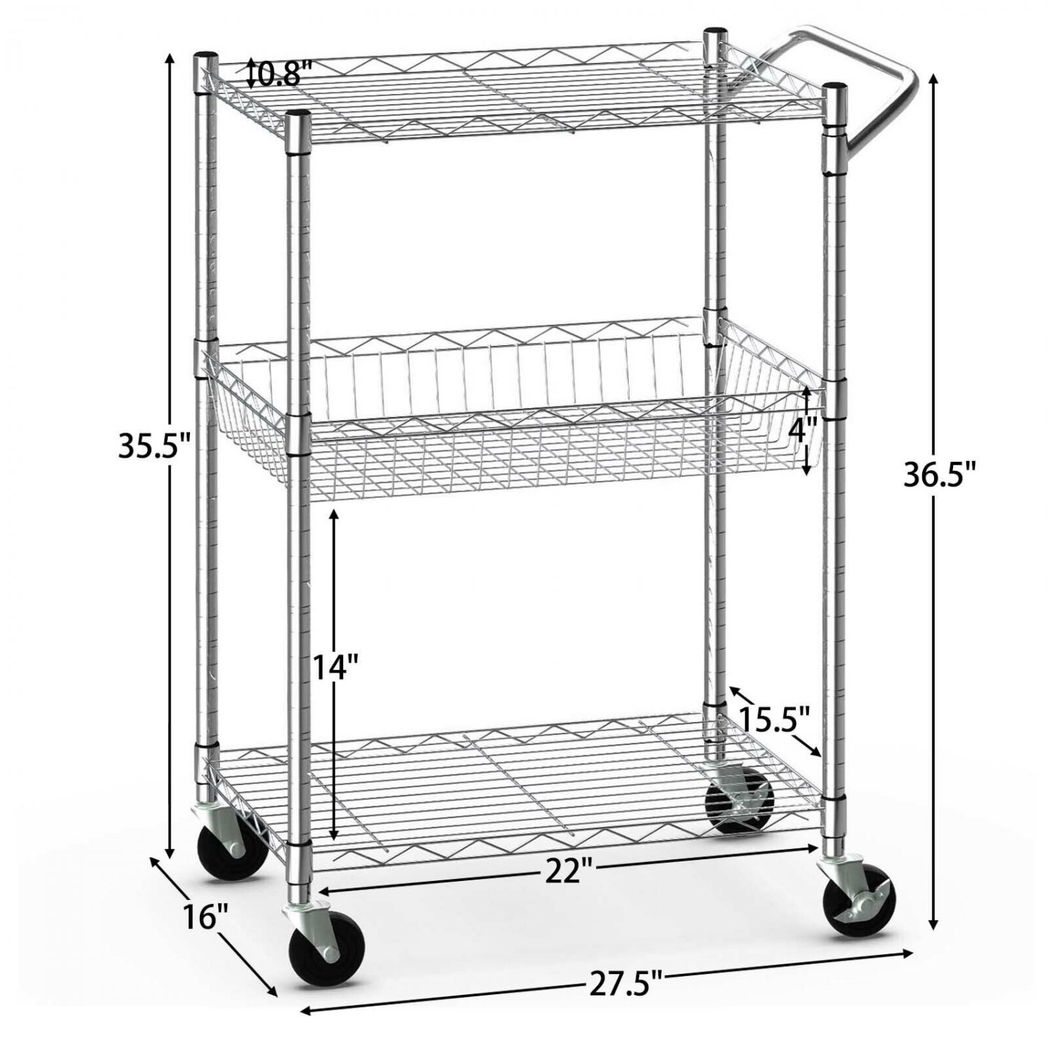 Goplus 3-Tier Utility Cart Heavy Duty Wire Rolling Cart Kitchen Storage Trolley