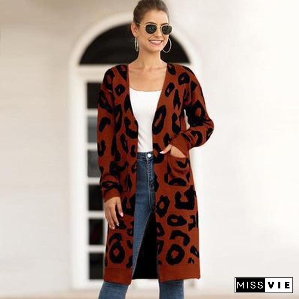 Veste Femme Loose Sweater Coats Autumn Winter Sweater Overcoat Leopard Cardigan Casual Knitwear Jacket Women Knit Long Coat