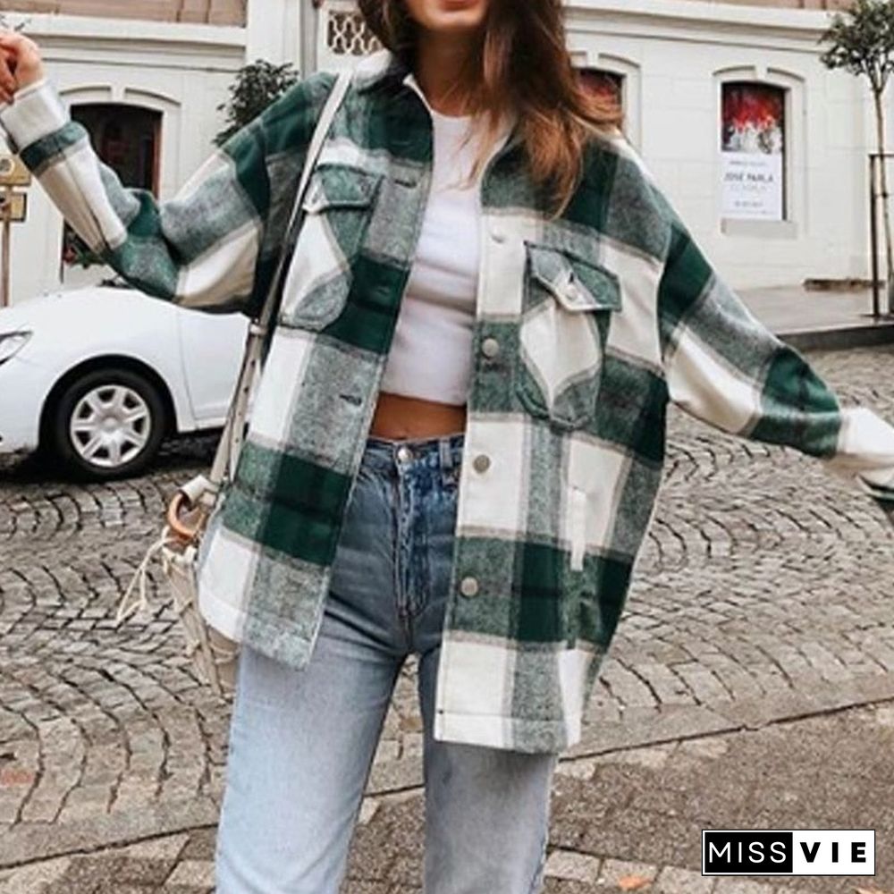 Winter Green Plaid Jacket Coat Women Streetwear Long Leeve Thick Wool Coat Fashion Pocket Oversized Lapel Autumn Shirts Coats