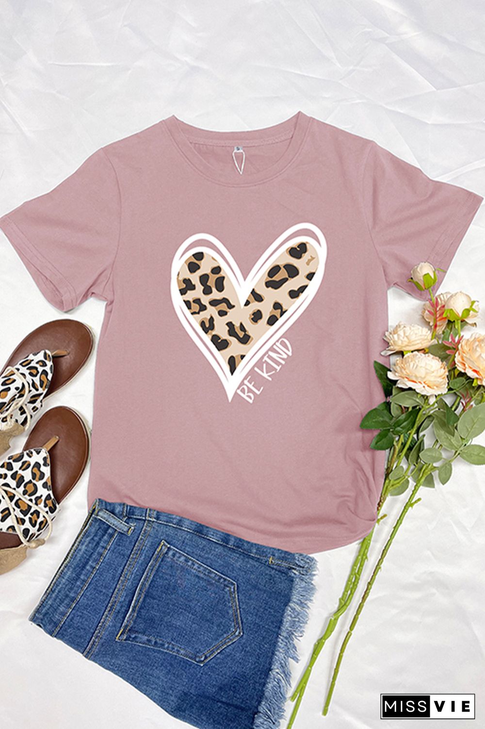 Be Kind Leopard Heart Short Sleeve Graphic Tee Wholesale