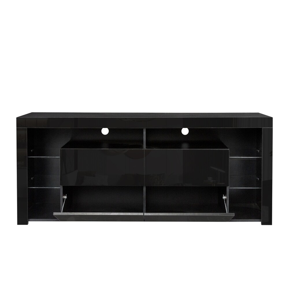 TV Cabinet with Storage Drawers   Open Shelves LED TV Stand Modern High Gloss TV Console with 20 Color LED Lights  Black