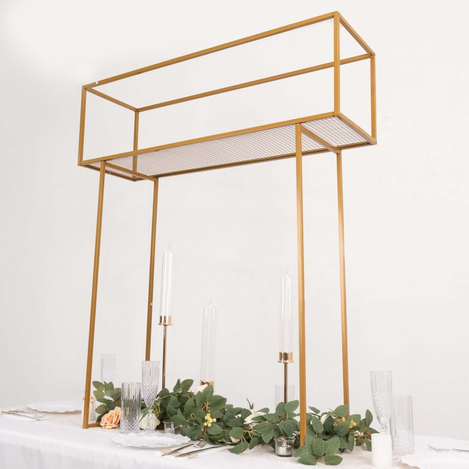 Gold Heavy Duty Metal Rectangular Centerpiece Stand, Tall Floral Arrangement Tabletop Display Rack 48