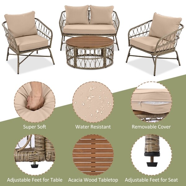 4pcs Patio Sofa Conversation Set Outdoor 4person Wicker Accent Chair