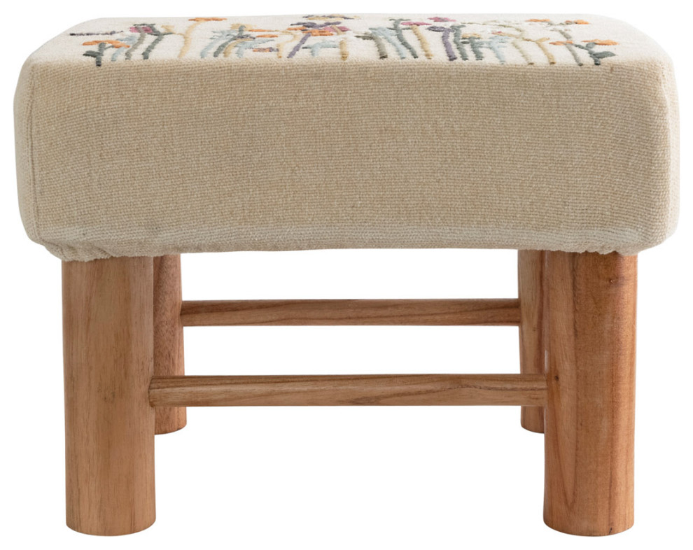 Cotton Upholstered Stool With Floral Embroidery and Pine Wood Legs   Transitional   Vanity Stools And Benches   by Creative Co op  Houzz