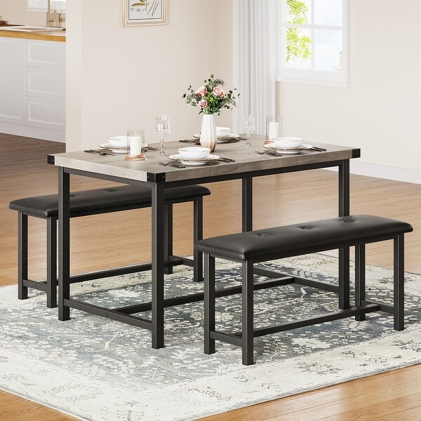 Dining Table Set for 4，Kitchen Table with 2 Upholstered Benches