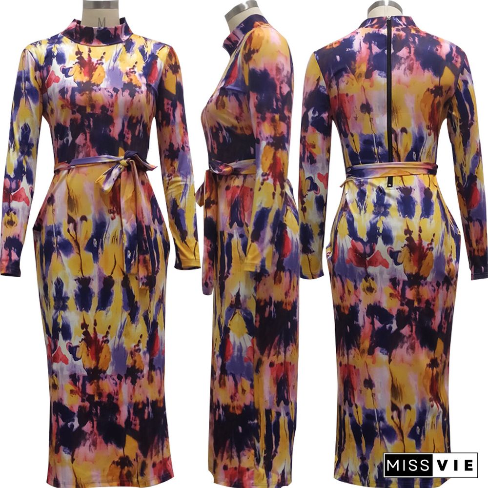 Tie Dye Printing Fashion Long Sleeve Round Neck Back Zipper Partywear Summer Bodycon Maxi Long Dress