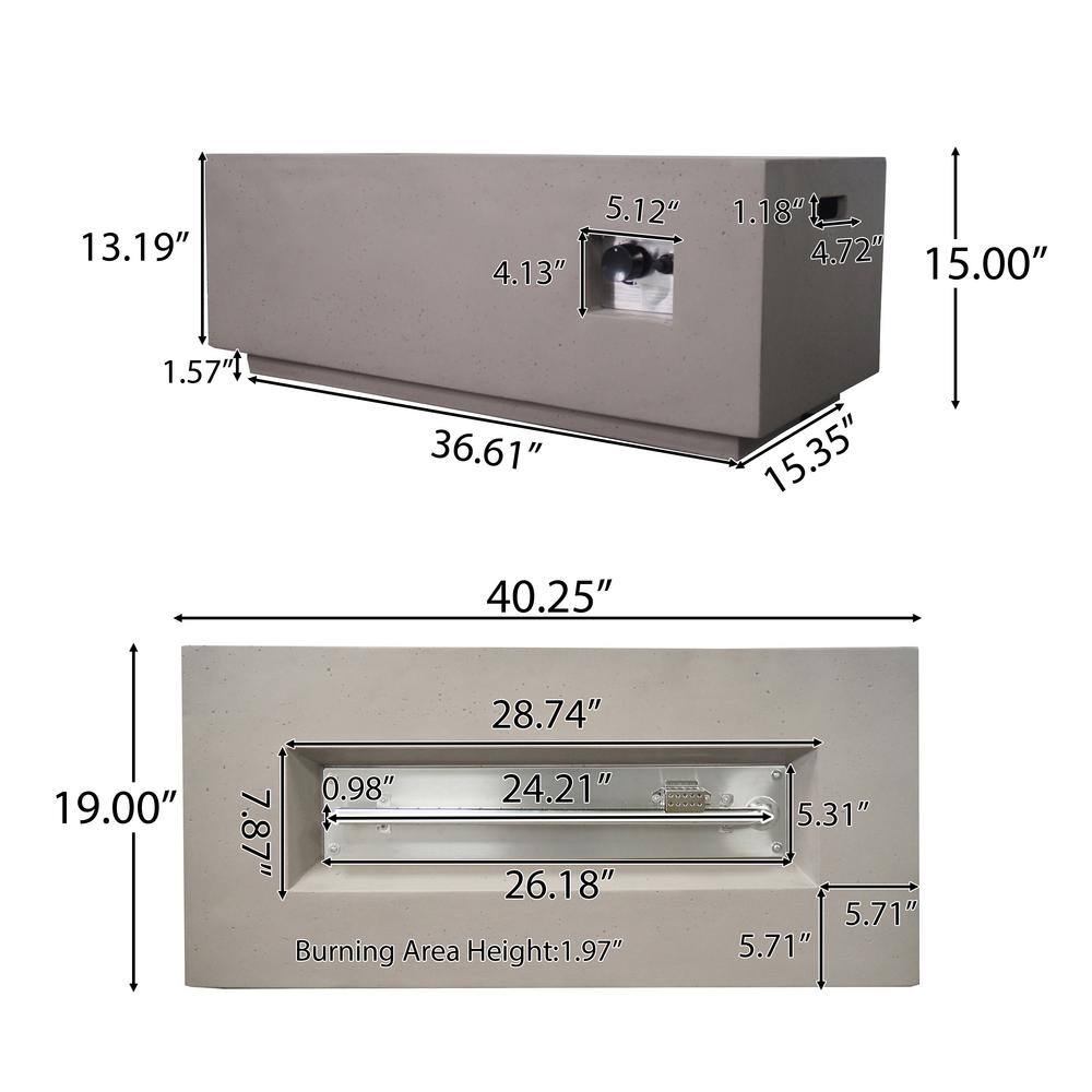 Noble House Zachary 40 in. x 15 in. Rectangular Concrete Propane Fire Pit in Light Gray with Tank Holder 42899