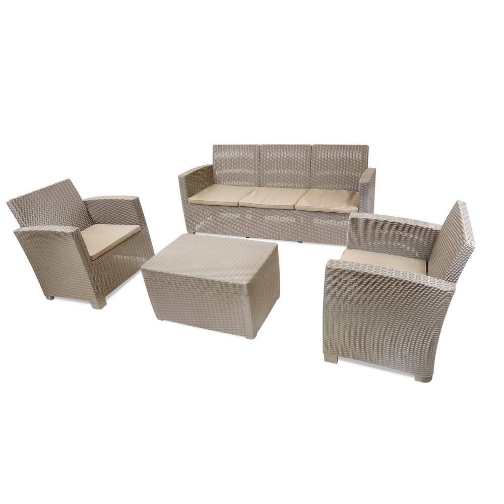 DUKAP Alta 4-Piece All Weather Plastic Faux Rattan 5-Person Seating Set with Beige Cushions ODKALT3-GRE-AB