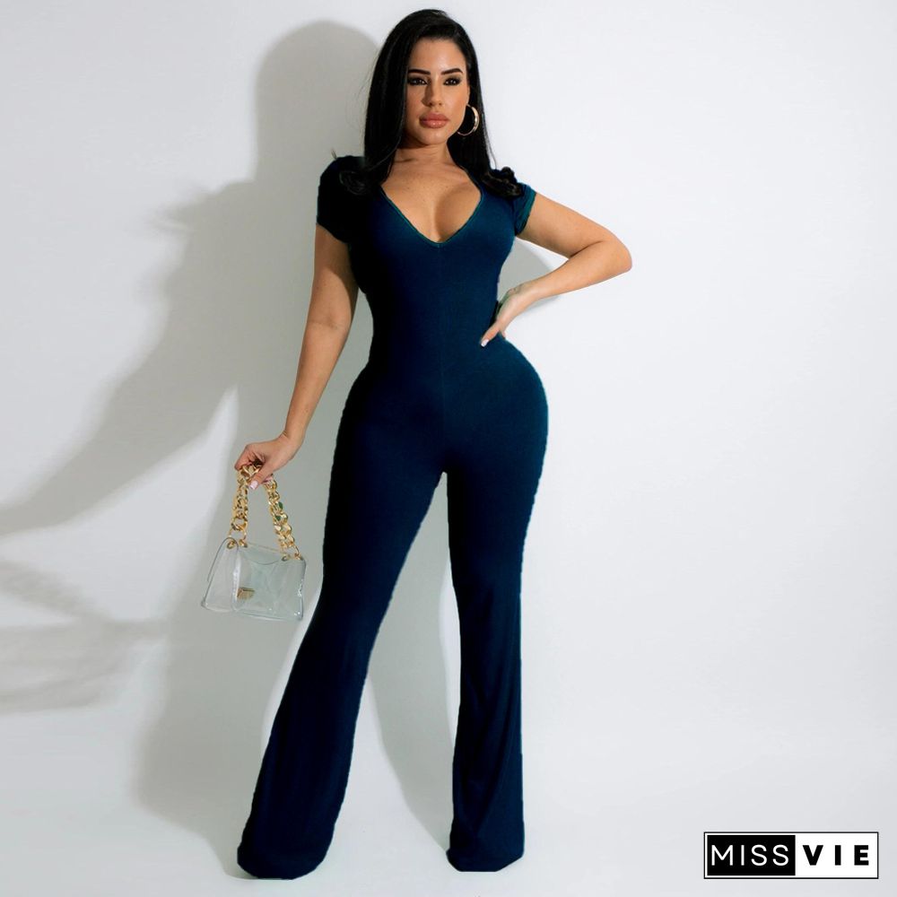 Short Sleeve V-neck Solid Flare Jumpsuit