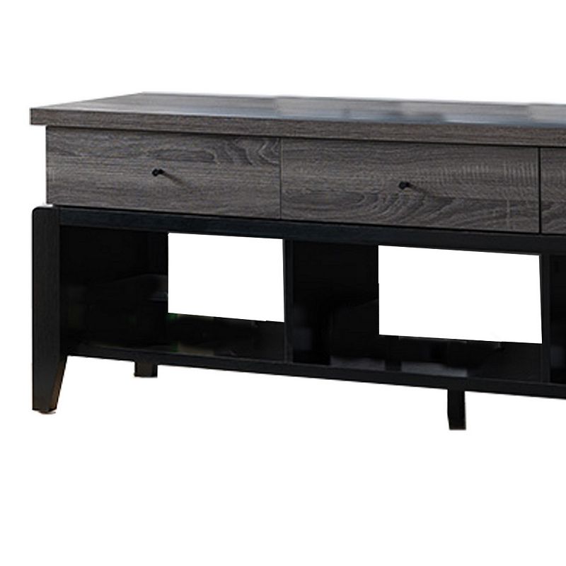 Wooden Frame TV Stand with 3 Drawers and 3 Open Compartments，Gray and Black