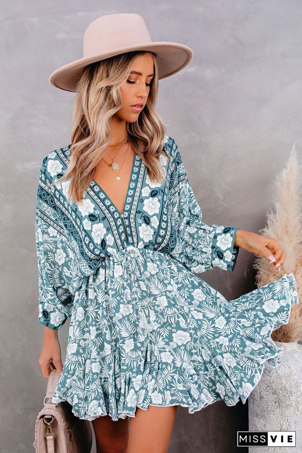 Green V Neck 3/4 Sleeve Bohemian Vintage Print Mini Dress