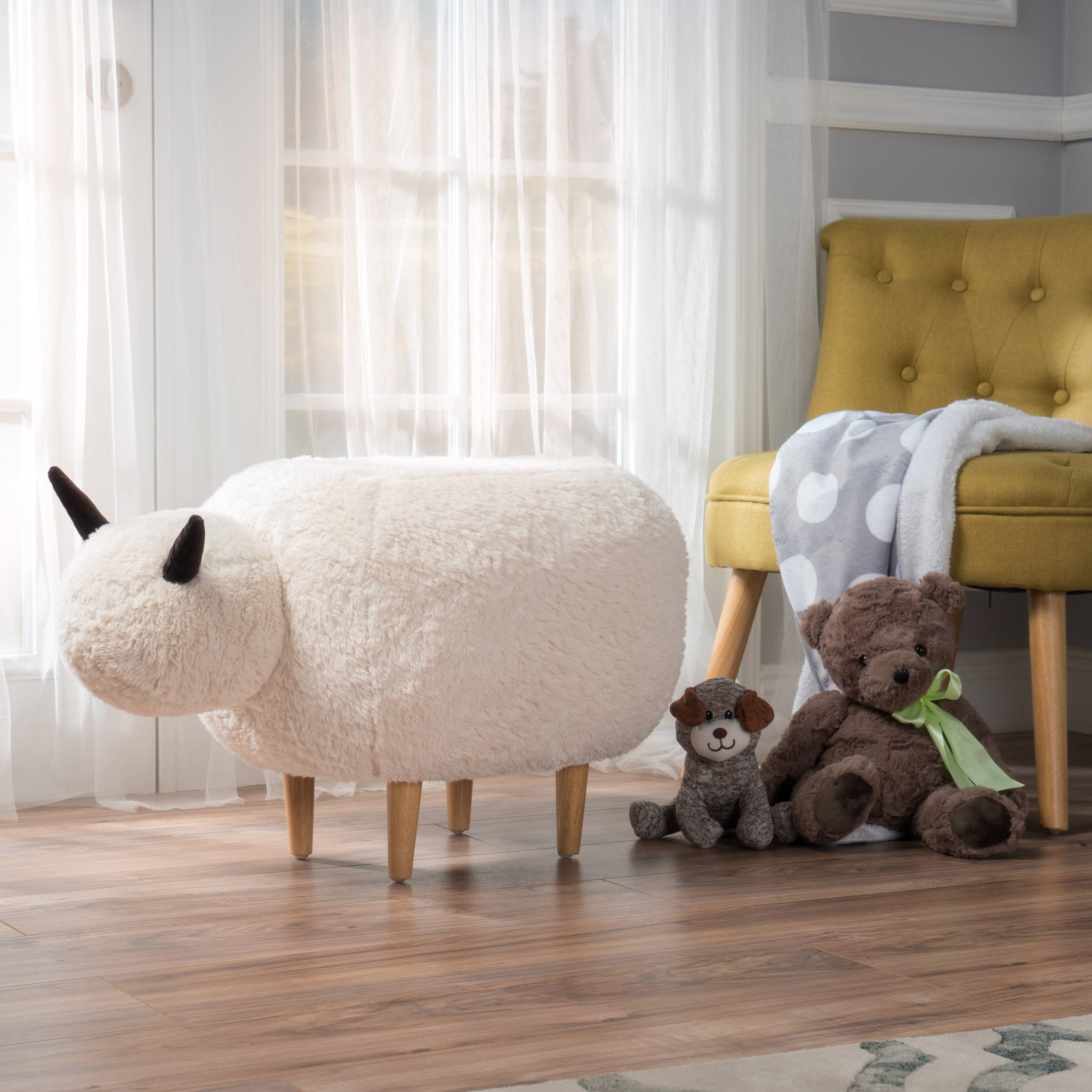 Pearcy Modern White Faux Fur Sheep Ottoman with Tapered Wood Legs