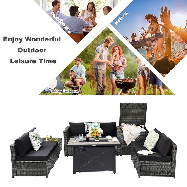 Gymax 9 PCS Patio Rattan Furniture Set Fire Pit Table Storage Black W/