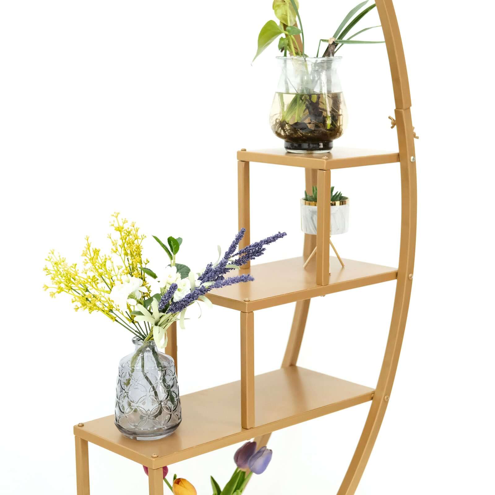 Gold Metal 4-Tier Half Moon Plant Shelf Rack With Hanging Hooks, Cupcake Dessert Display Stand 4.5ft