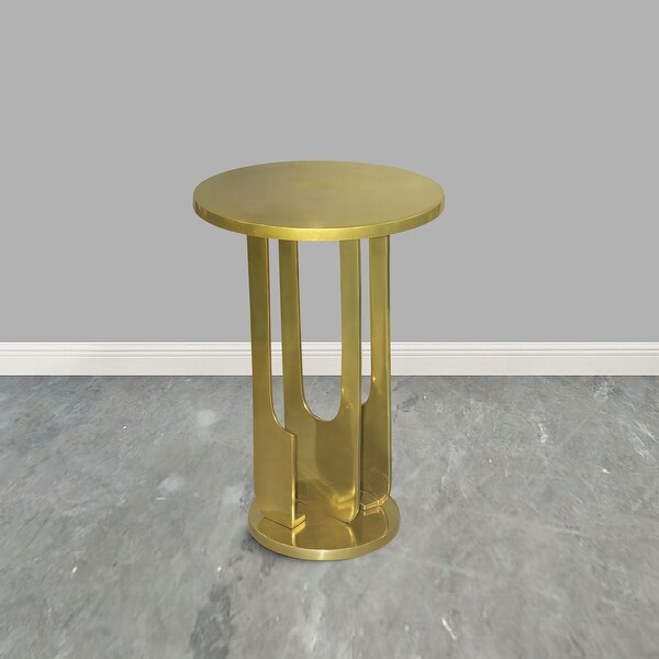 Cyrus 18 Inch Round Accent Side Table， Cast Aluminum， Arched Cut Out Frame， Brass