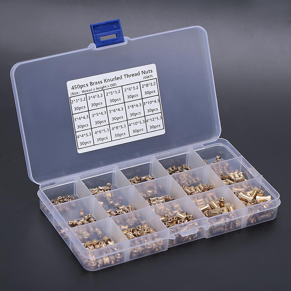 450 Pcs Female Thread Knurled Nuts Brass Threaded Insert Embedment Nuts Hydraulic Welded Assortment Kit