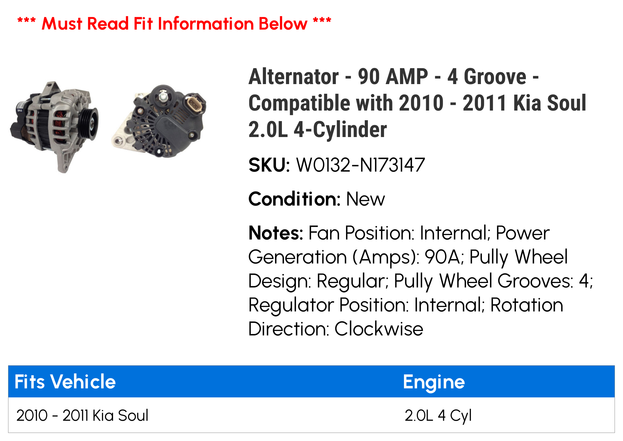 Alternator - 90 AMP - 4 Groove - Compatible with 2010 - 2011 Kia Soul 2.0L 4-Cylinder