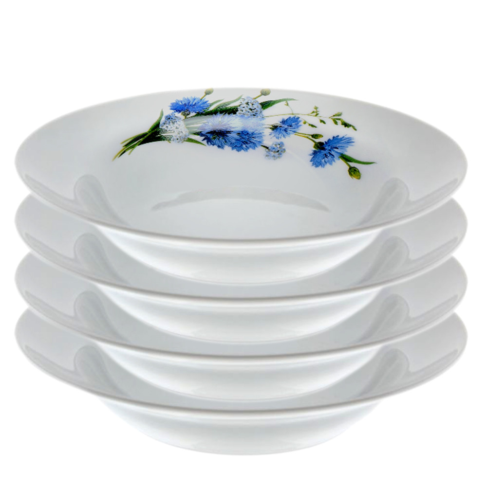 Deep Plate Kitchen Plates Dinnerware Cornflowers Porcelain Soup Plate Set of 4 Dinner Plate Serving Plate 16.9 fl oz (500 мл) Soup Bowl