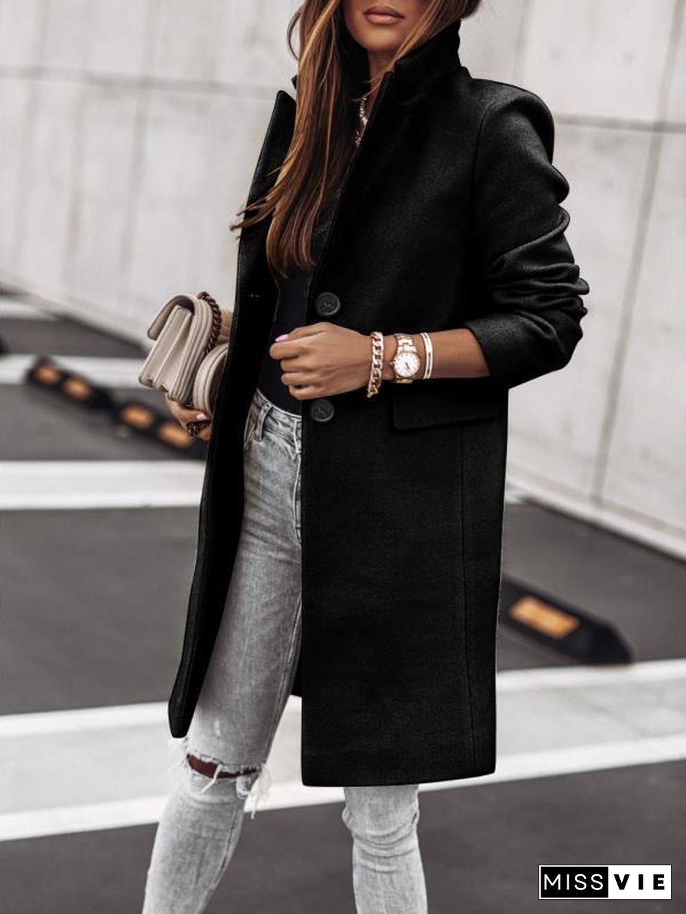 Lapel Knee Length Double Button Jacket Coat