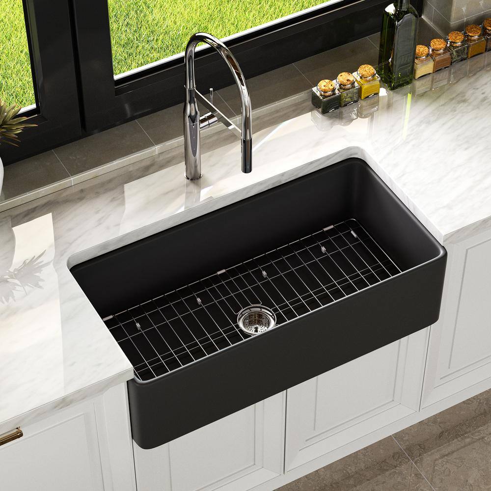 Black Fireclay 36 in. Single Bowl Farmhouse Apron Kitchen Sink with Bottom Grid and Basket Strainer HKD-361810-B