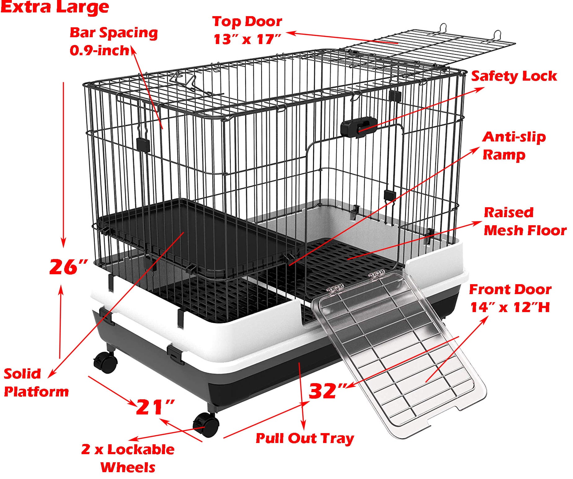 Large 2-Level Indoor Small Animal Pet Cage for Guinea Pig Ferret Chinchilla Cat Playpen Rabbit Hutch with Solid Platform and Ramp