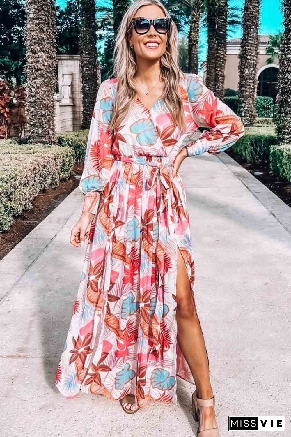 Tropical Plant Print Long Sleeve Wrap V-Neck Slit Maxi Dress