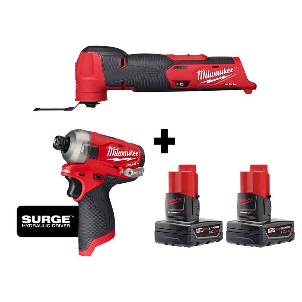 MW M12 FUEL 12V Lithium-Ion Cordless Oscillating Multi-Tool and Impact Driver with Two 3.0 Ah Batteries 2526-20-2551-20-48-11-2412