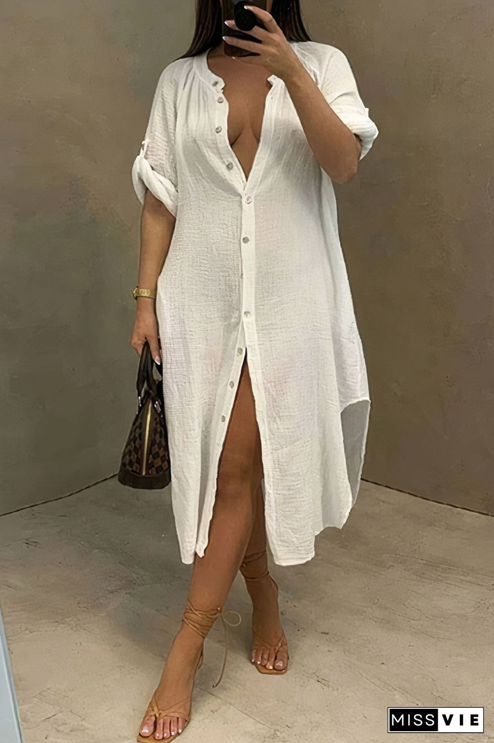 Button Up Curved Hem Midi Shirt Dress