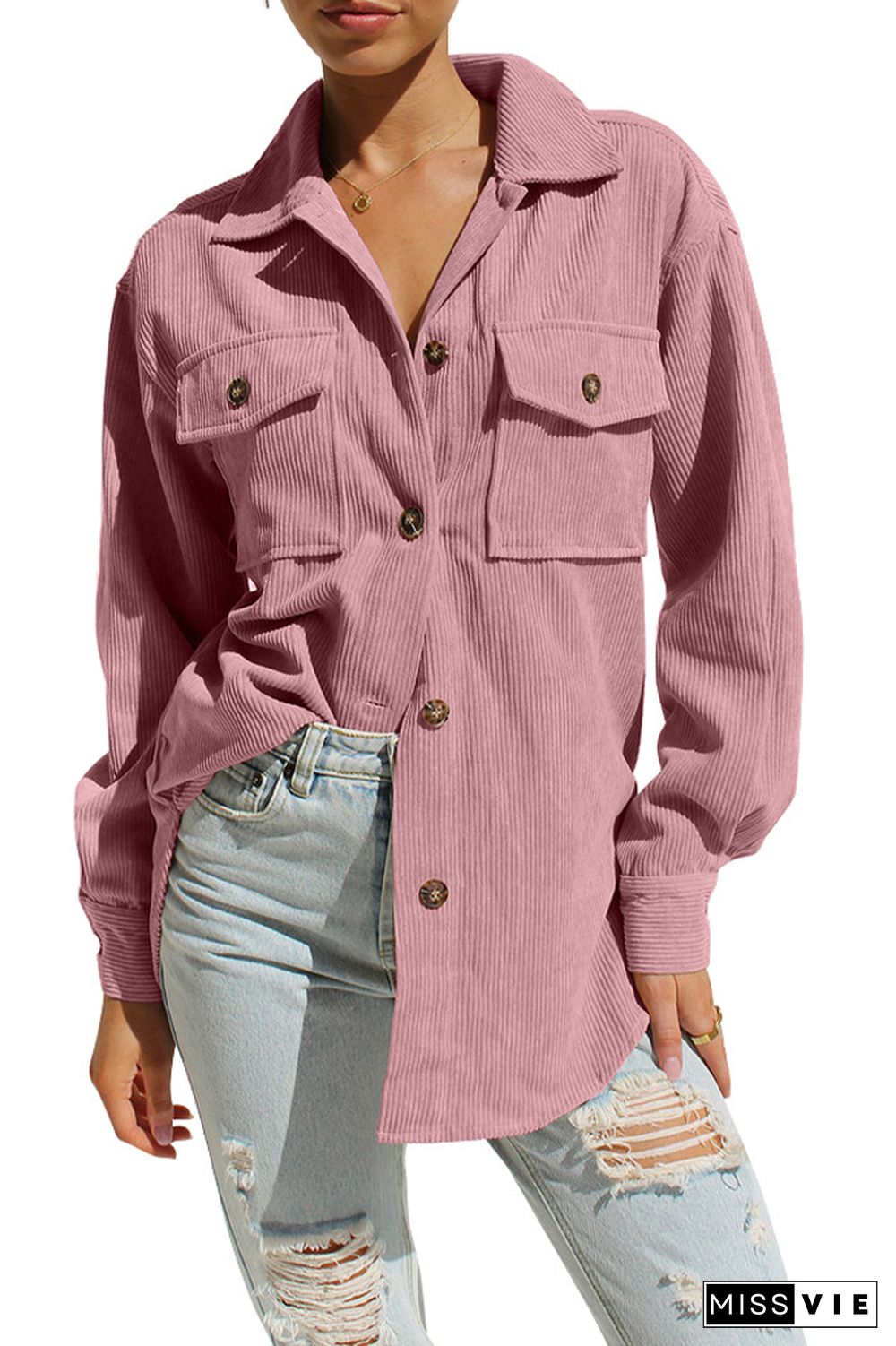 Plain Button Up Pockets Corduroy Jacket