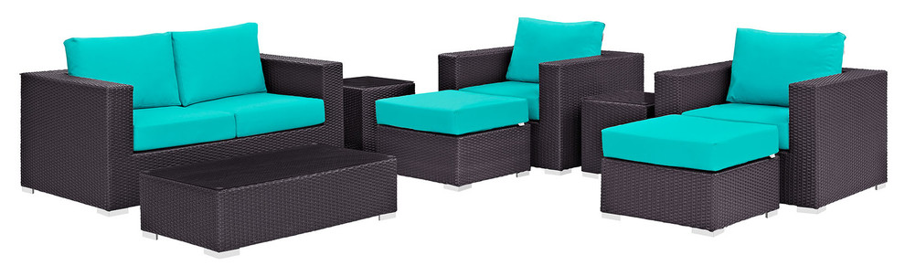 Convene 8 Piece Outdoor Patio Sofa Set  Espresso Turquoise   Tropical   Outdoor Sofas   by Kolibri Decor  Houzz