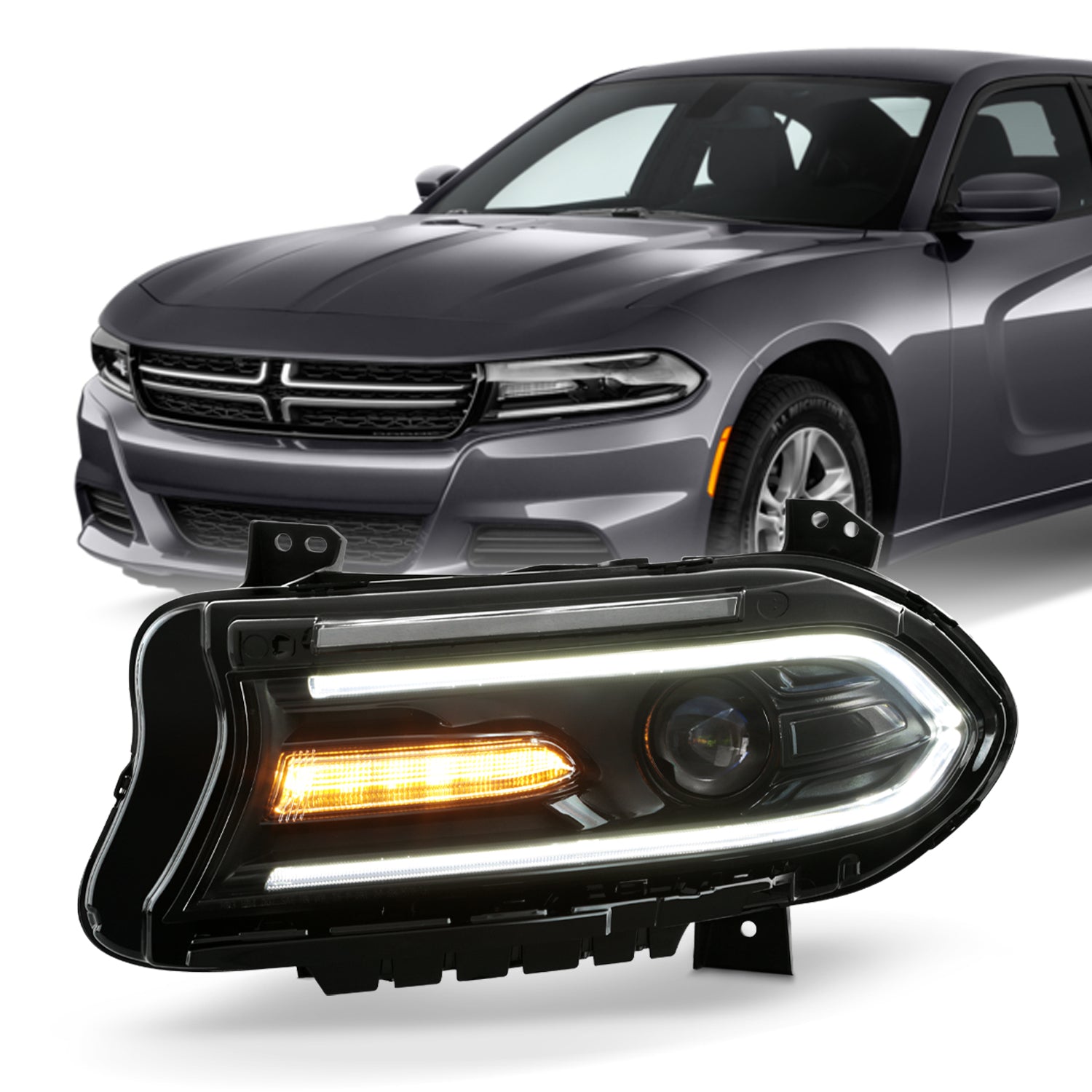 For 15-21 Dodge Charger Halogen LED DRL Projector Black Headlamp Driver w/o Logo