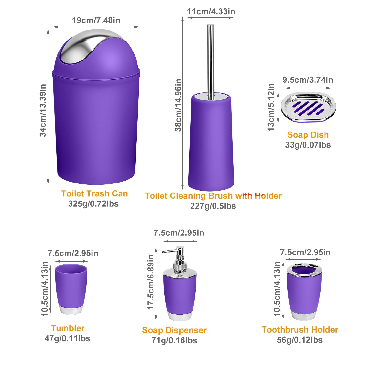 iMountek Bathroom Accessories Set 6 Pcs Bathroom Set Gift SetTumbler Straw Set Ensemble Complete Soap Dispenser Toothbrush Holder Tumbler Soap Dish Toilet Cleaning Brush Trash Can Purple