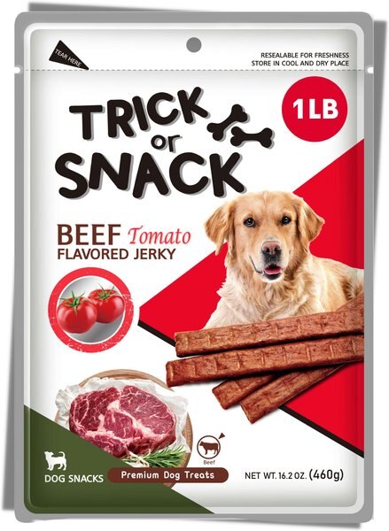 Trick or Snack Beef and Tomato Flavored Jerky Dog Treats， 1-lb bag